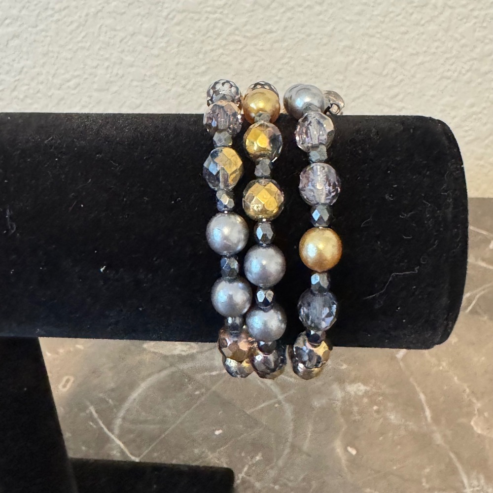 Beaded Multi Strand Coil Wrap Bracelet Silver Gold Charcoal Metallic Faux Pearl